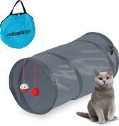 Relaxdays kattentunnel - met speelgoed - speeltunnel katten - 48 cm lang - polyester - grijs