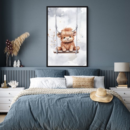 Poster in lijst - Fotolijst 80x120 cm - Posters - Schotse hooglander - Dier - Kinderen - Babykamer - Kinderkamer - Posterlijst zwart - Kamer decoratie - Wanddecoratie kinderkamer - Muurdecoratie babykamer