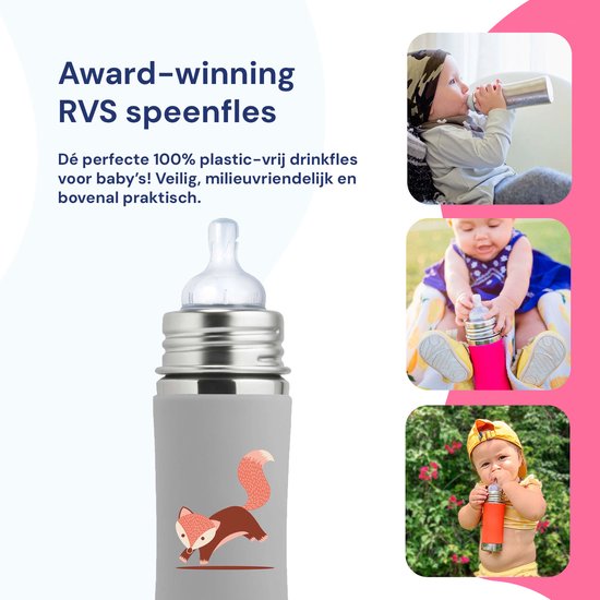 Pura Speenfles 325 ml - Plasticvrij - Drinkfles - Voorkomt Maagkrampen - Vaatwasserbestendig - Inclusief Siliconen Speen, Reisdop en Sleeve - Top is Verwisselbaar - Veelzijdig - Grijze Vos van Merkloos — afbeelding 2