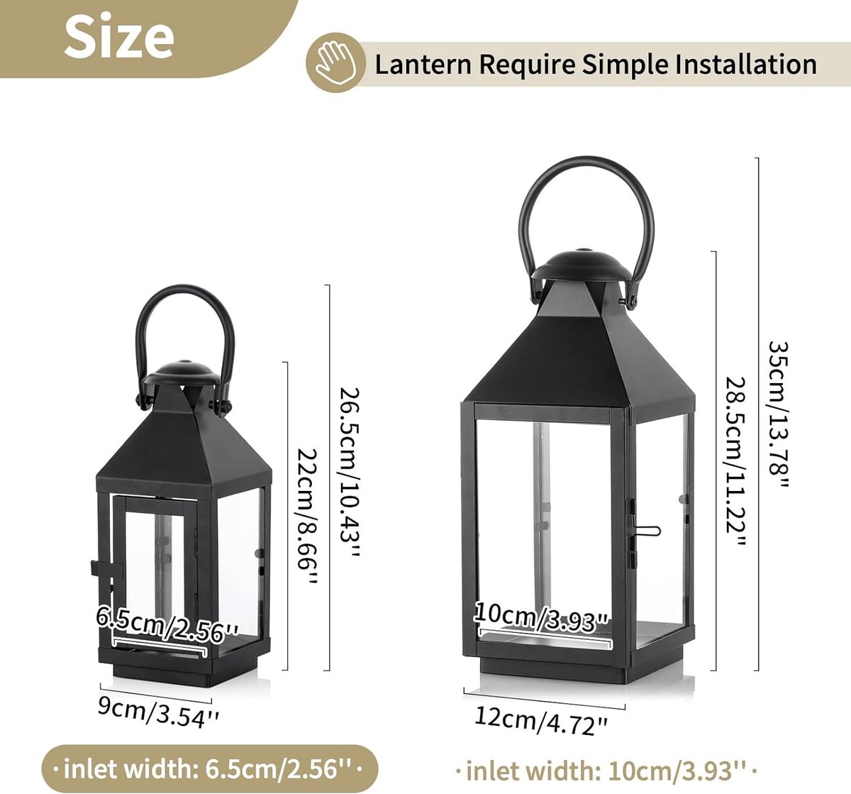 Lanterne à bougie en bois avec panneaux en verre et dessus en métal doré Lantern