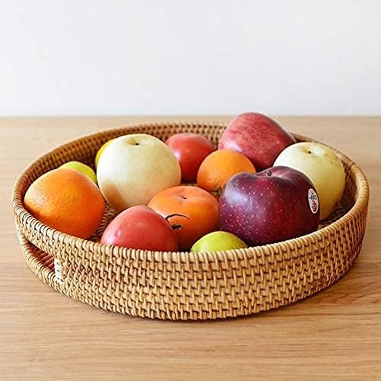 Rotan Serveerdienblad, rechthoekig, 43 × 29 × 4,5 cm, handgevlochten dienblad met handgrepen, natuurlijk decoratief dienblad voor ontbijt, koffie, snacks of salontafel