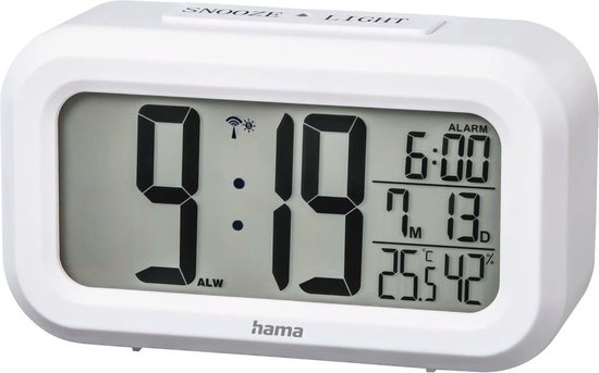 Hama Radiogestuurde Wekker - Digitale wekker - Datum, temperatuur- en luchtvochtigheidsweergave - LED Display - 11,8x4x6,5 cm - Incl. batterijen - Wit