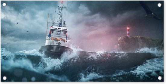 Poster de jardin Mer - Bateau - Storm - Phare - 80x40 cm - Décoration murale Outdoor - Poster de jardin - Toile de jardin - Poster de clôture - Tableau de jardin