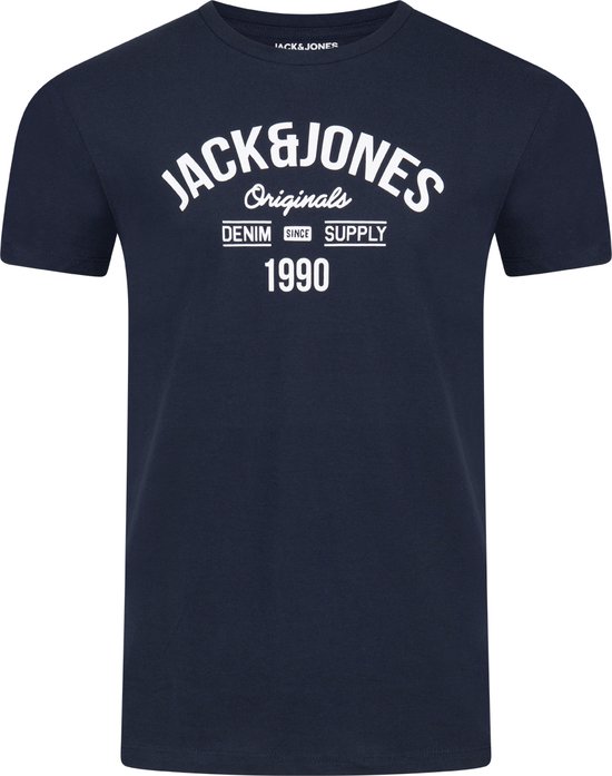 Donkerblauw T-shirt met ronde hals en een witte opdruk "Jack & Jones Originals Denim Since Supply 1990"