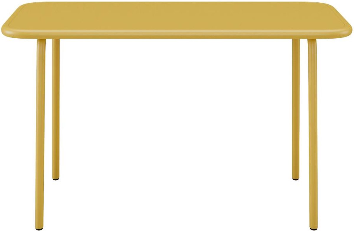 Kleurrijke mosterdgele metalen kindertuintafel, L80 cm x H 49 cm x D 37 cm.