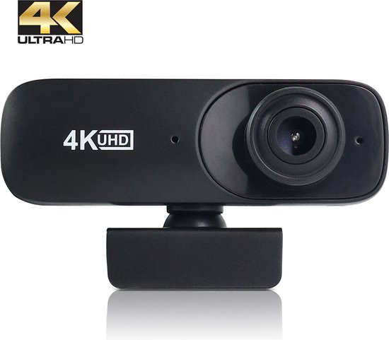 Zwarte 4K UHD webcam met logo, lens en standaard.