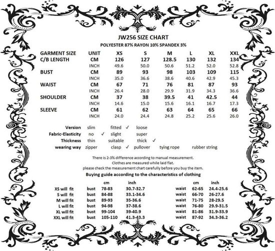 Maattabel voor een JW256 jas van polyester en spandex.