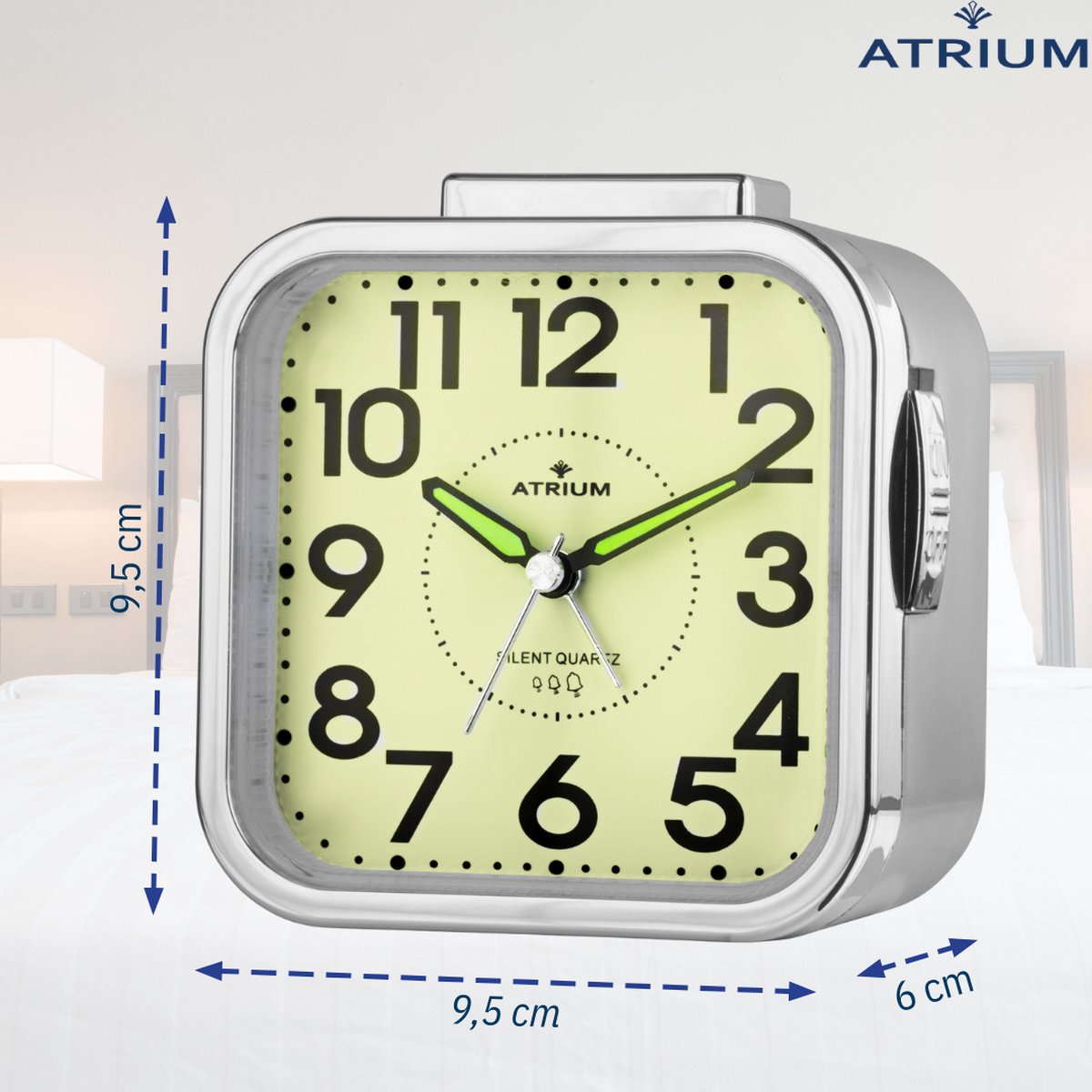 ATRIUM Wekker - Senioren - Analoog - Autolight - Antraciet - Duidelijk - Eenvoudig - Zonder tikgeluid