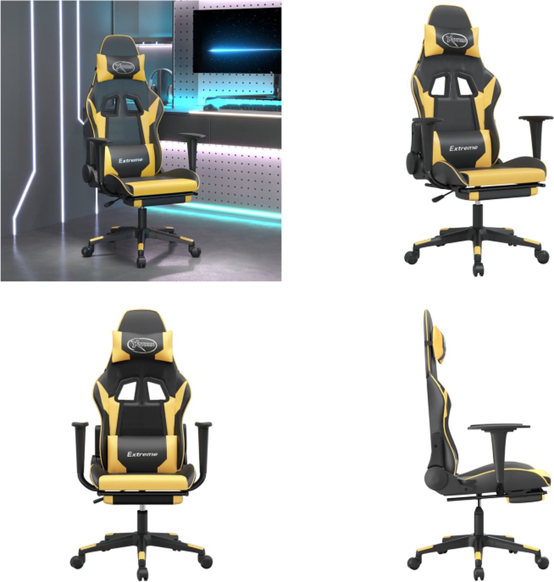 vidaXL Gamestoel met voetensteun kunstleer zwart en goudkleurig - Gamingstoel - Gamingstoelen - Televisiestoel - Racingstoel