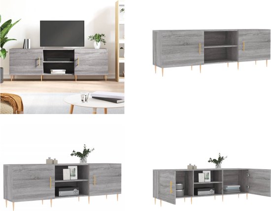 Meuble TV gris aspect chêne avec poignées et pieds dorés, placé dans un salon.