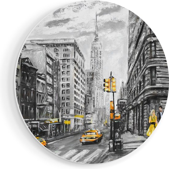 Artaza Muurcirkel - Geschilderde New York Tekening - Zwart Wit - Wandcirkel - Rond Schilderij