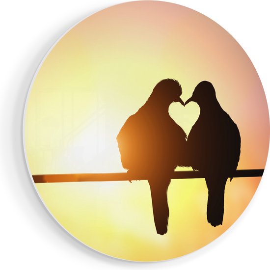 Artaza Forex Muurcirkel Twee Silhouet Vogels In Een Hart Vorm - 70x70 cm - Wandcirkel - Rond Schilderij - Wanddecoratie Cirkel - Muurdecoratie