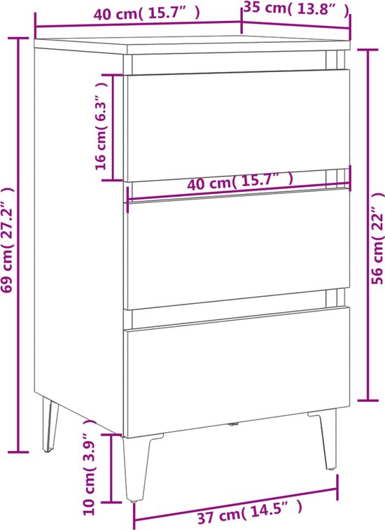 vidaXL Table de chevet avec pieds en métal 40x35x69 cm Chêne Sonoma gris - Table de chevet - Tables de chevet - Armoire de chevet - Armoire d'appoint