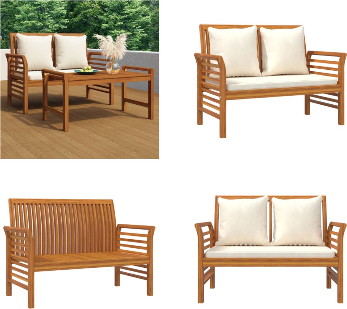 VidaXL Bankje met crèmewitte kussens massief acaciahout Bankje Bankjes Houten Bankje Sofa