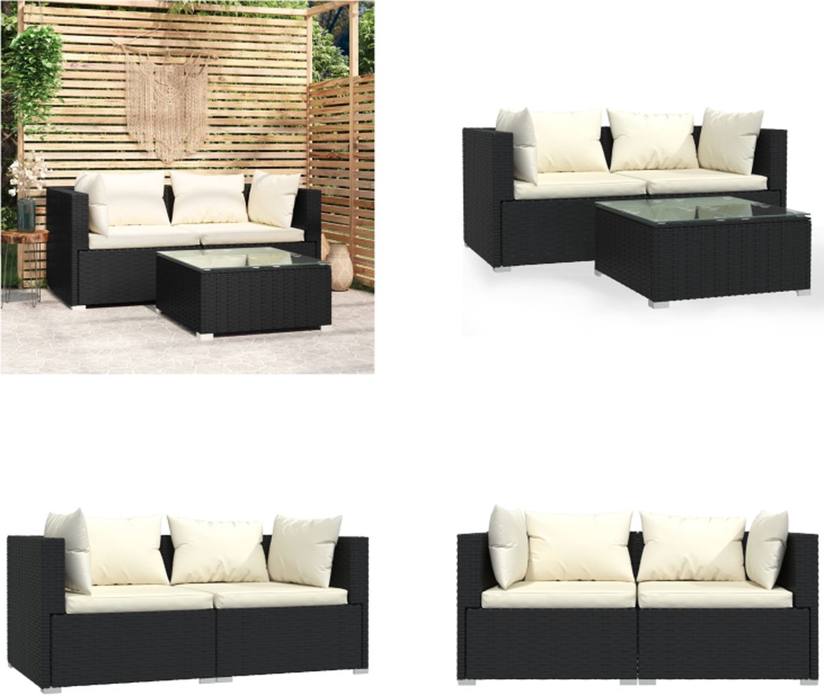 VidaXL 3-delige Loungeset met kussens poly rattan zwart Loungeset Loungesets Tuinset Tuinmeubelset
