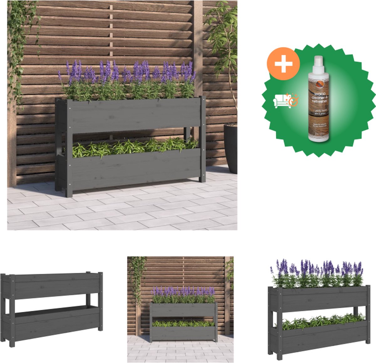 VidaXL Plantenbak 112x25x66 cm massief grenenhout grijs Bloempot Inclusief Houtreiniger en verfrisser