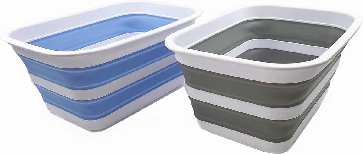 Goedkoopste 12 liter inklapbare kuip, draagbaar picknickdienblad voor buiten, draagbare wastafel, ruimtebesparende kunststof wasbak, grijs babyblauw (set van 2