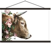 Posterhanger incl. Poster 60x40 cm - Schoolplaat - Schotse hooglander - Rozen - Roze - Wit - Textielposter - Zwarte latten