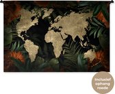 Wandkleed WereldkaartenKerst illustraties - Zandkleurige wereldkaart met structuurpatroon en oranje bloemen en tropische bladeren Wandkleed katoen 150x100 cm - Wandtapijt met foto