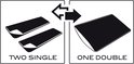Pictogrammen die aangeven dat twee enkele slaapzakken aan elkaar geritst kunnen worden tot één dubbele slaapzak.