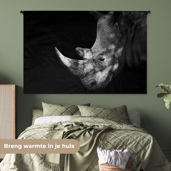 Tapisserie Animaux - Portrait d'un rhinocéros sur fond noir Tapisserie en coton 180x120 cm - Tapisserie avec photo XXL / Groot format!