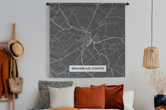Wandkleed - Wanddoek - Plattegrond – Braine le Comte – Blauw – Stadskaart - Kaart - 150x150 cm - Wandtapijt