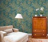 Zelfklevend behang, gouden bloem, 44 cm x 3 m, zeeblauw, doe-het-zelf plakfolie, wandbehang, meubelfolie, vinyl, waterdicht, klassieke stijl voor woonkamer, slaapkamer, deur, kast, lade