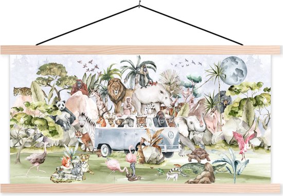 Schoolplaat safari - Schoolplaat kinderen - Jungle - Bus - Dieren - Kinderen - Planten - Decoratie kinderkamers - 150x75 cm