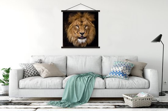 Porte-affiche avec affiche - Affiche scolaire - Lion - Portrait - Zwart - Animaux - 90x90 cm - Lattes noires