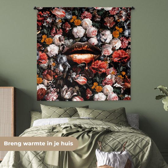 Wandkleed - Wanddoek - Lippen - Bloemen - Verf - Oranje - Kunst - Abstract - Oude meesters - 120x120 cm - Wandtapijt