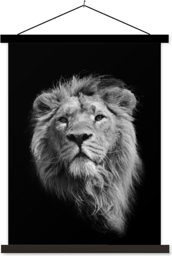 Lion d'Asie sur fond noir en noir et blanc affiche textielposter lattes noires 90x120 cm - Tirage photo sur plaque d'école (décoration murale salon / chambre)