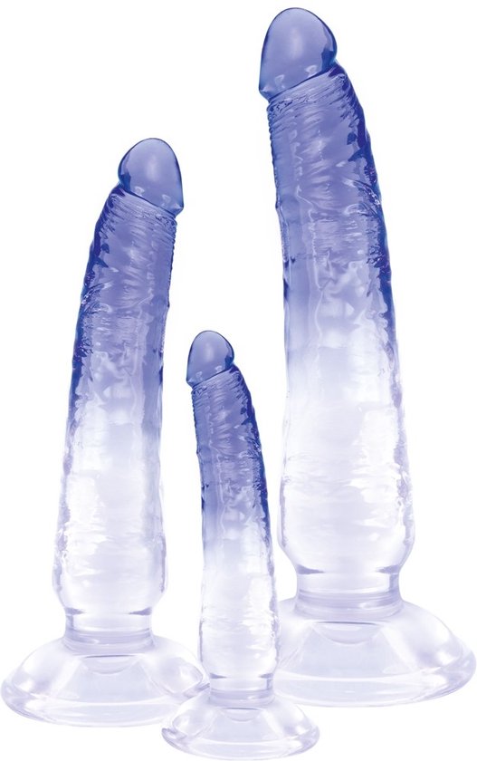 Drie transparante paarse dildo's met zuignappen, van klein naar groot.