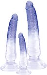Drie transparante paarse dildo's met zuignappen, van klein naar groot.