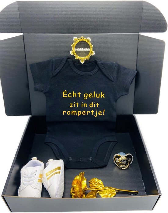 Kraamcadeau echt geluk in dit rompertje zwart goud - baby cadeau - kraampakket - rechtstreeks opsturen met boodschap ook mogelijk 100% biologisch katoen van Bofun — afbeelding 2