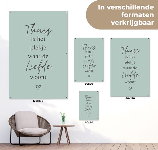 Affiche de jardin 120x180 cm - Décoration de jardin - Citation - Maison - Amour - Blauw - Texte - Coeur - Affiche pour le jardin - Décoration extérieure - Peinture de jardin de clôture - Décoration murale - Toile de jardin - Affiche extérieure