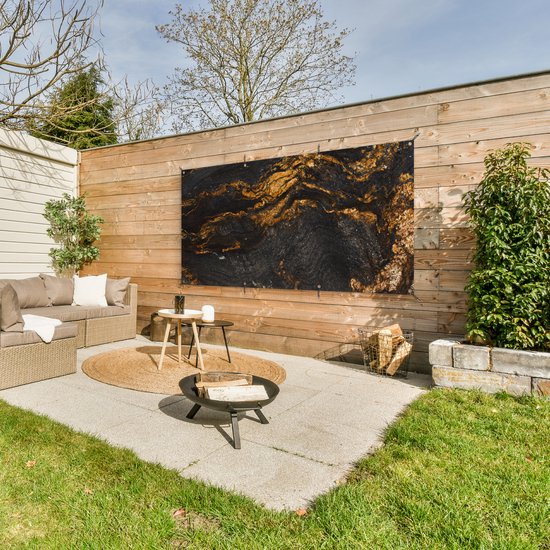 Décoration murale extérieure Marbre - Lime - Zwart - Goud - Aspect marbre - Luxe - 160x80 cm - Toile de jardin - Poster extérieur