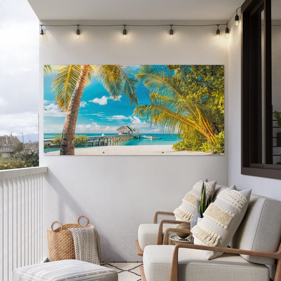 Affiche pour clôture Plage - Palmier - Mer - 200x100 cm - Toile de jardin