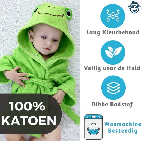 BoefieBoef Kikker Kinder Badjas Baby & Peuter 0-2 Jaar (Max 85 cm) - Zacht Katoen met Dieren Capuchon - Absorberende Ochtendjas Handdoek voor Jongens & Meisjes - Zwemles, Carnaval, Verjaardag & Kraamcadeau - Perfect na Bad & Zwemmen - Groen van BoefieBoef — afbeelding 2