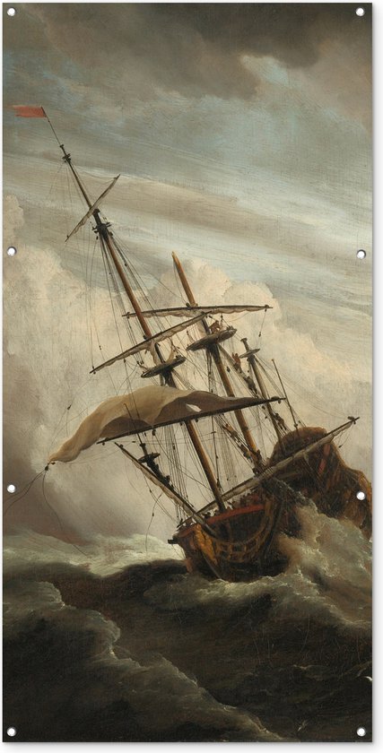 Wanddecoratie buiten Een schip in volle zee bij vliegende storm - Schilderij van Willem van de Velde - 80x160 cm - Tuindoek - Buitenposter