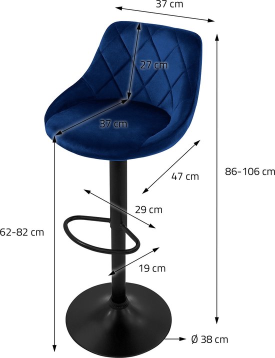 Barkruk Set Van 2 Zwart Fluwelen Bekleding Met Rugleuning En Voetensteun In Hoogte Verstelbaar 59 79cm Ml Design