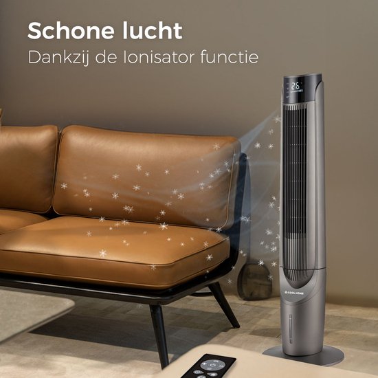 Grijze CoolHome torenventilator met digitale display 26°C en afstandsbediening.