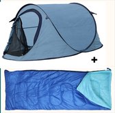 Tente Pop-Up HIXA - 1 personne - Blauw - Avec Piquets de tente - et sac de couchage - 220x120x95cm - Camping