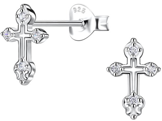Joy|S - Zilveren kruis oorbellen - 7 x 10 mm - zirkonia - kruisje oorknoppen