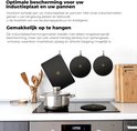 Zwarte inductiebeschermingsmatten, hangend en op kookplaat, met pot, om kookplaat en pannen te beschermen.