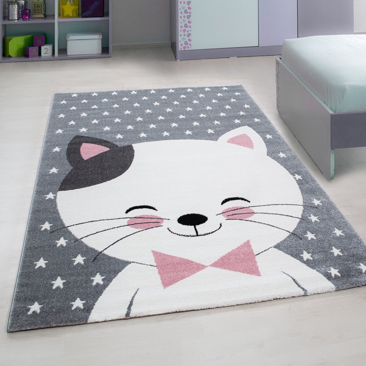 flycarpets Flycarpets - Kids Kinderkamer Kat Roze Vloerkleed - 120x170 cm Grijs