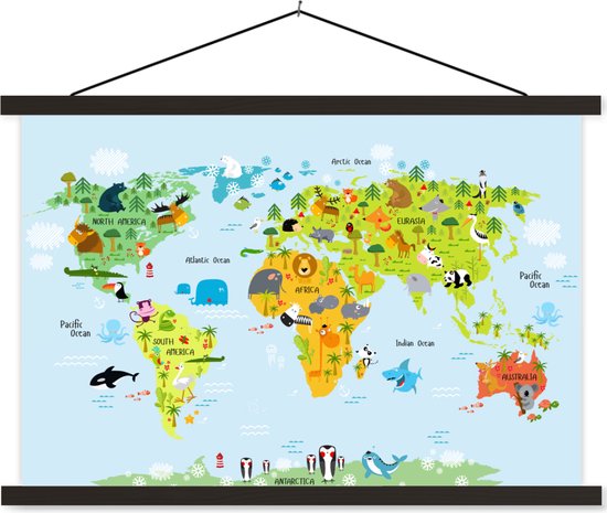 Wereldkaart voor kinderen Dieren schoolplaat platte latten zwart 60x40 cm - Foto print op textielposter (wanddecoratie woonkamer/slaapkamer)