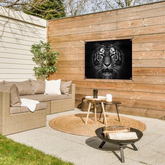 Tableau jardin Tigre - Animaux - Zwart - Wit - Portrait - Sauvage - 80x60 cm - Affiche jardin - Toile jardin - Affiche extérieur