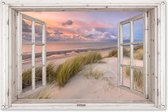 Tuinposter 120x80 cm - Tuindecoratie Doorkijk - Strand - Duinen - Zee - Gras - Poster voor in de tuin - Buiten decoratie - Schutting tuinschilderij - Tuindoek muurdecoratie - Wanddecoratie balkondoek