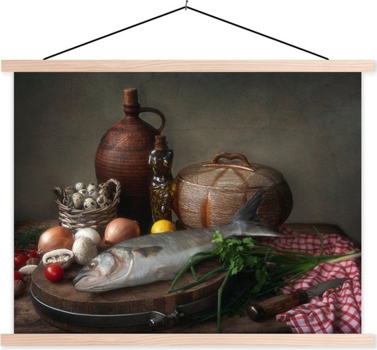 Posterhanger incl. Poster 120x90 cm - Schoolplaat - Rustiek - Vis - Stilleven - Groente - Kruiden - Textielposter - Blanke latten