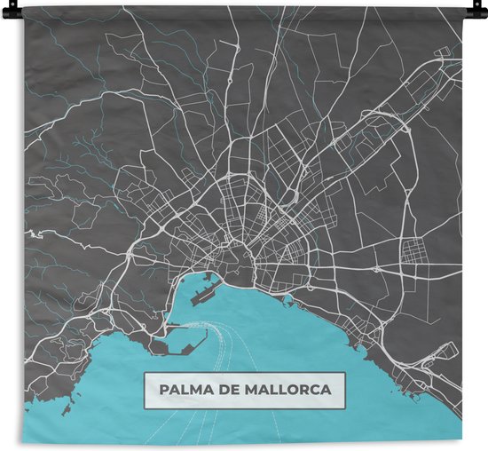 Wandkleed - Wanddoek - Mallorca - Stadskaart - Blauw - Plattegrond - Kaart - 180x180 cm - Wandtapijt